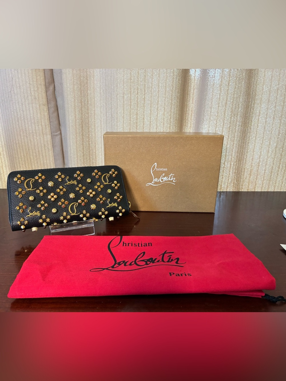 Christian Louboutin Black Leather Zip-Around Wallet with Gold Studs
